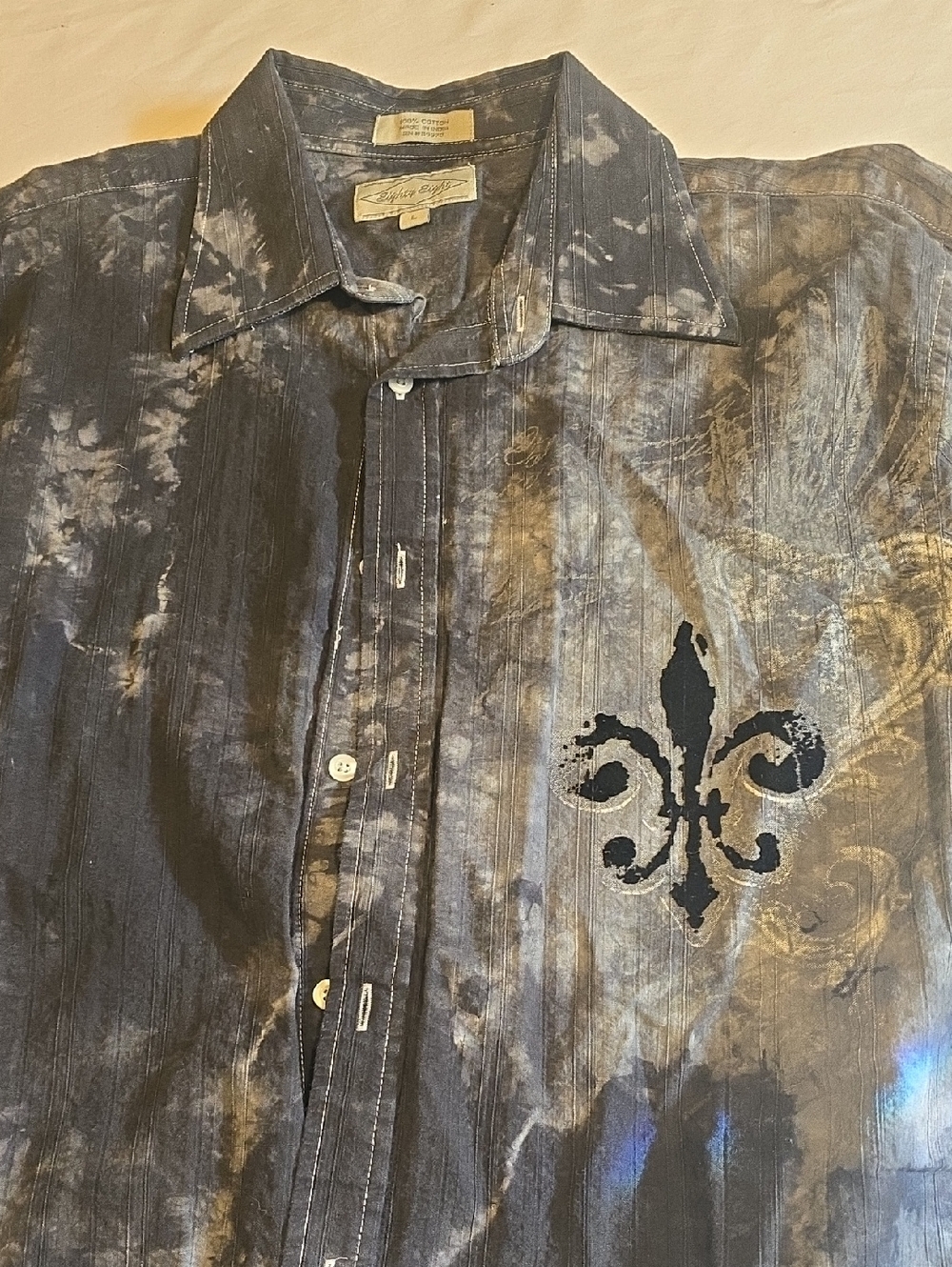 Tie-Dye Button-Up Shirt with Fleur-de-Lis